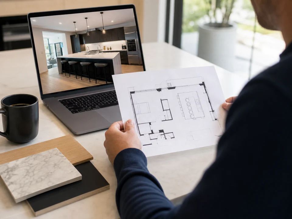 Customer reviewing a kitchen plan beside a laptop