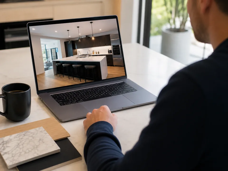 Someone comparing a kitchen design on a laptop beside worktop and cabinet samples